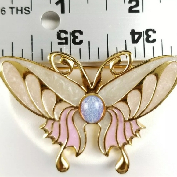 Butterfly Brooch Pin Pastel Colors Gold Colored Back Center Stone Glass Enamel - Picture 4 of 5